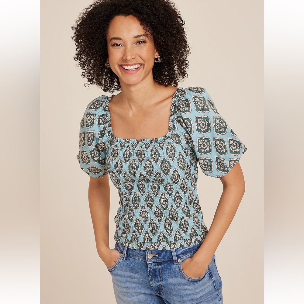 NWOT Maurices Medallion Cotton Smocked Puff Sleeve Blouse Top, Women's 2X